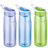 A drink bottle set featuring three colours: purple, blue, and green, each with a flip-top lid and a straw.