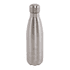 A drink bottle made of stainless steel in a sleek, silver finish, featuring a rounded cap and a smooth design.