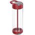 A drink bottle in red with a clear body and a grey lid, featuring a built-in stirring rod and handle.