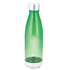 A drink bottle in a green transparent design with a silver cap and base. It features a logo on the surface.