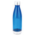 A drink bottle in transparent blue with a silver metallic top and a white base. It features a logo.