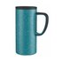 A teal travel mug with a speckled finish and a black handle and lid. It features a logo on its surface.