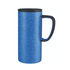 A drink bottle in a speckled blue finish with a black lid and handle, featuring a logo.