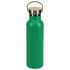 A drink bottle in vibrant green with a stainless steel lid and a wooden handle. It features a logo.