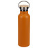A drink bottle in matte orange with a stainless steel lid and a wooden top handle. It features a logo.