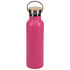 A drink bottle in vibrant pink with a stainless steel cap and a wooden handle, featuring a simple logo.