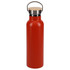 A drink bottle in vibrant red with a stainless steel lid and a bamboo top. It features a handle for easy carrying.