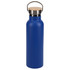 A drink bottle in matte blue with a stainless steel and bamboo lid, featuring a sleek design and a logo.