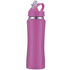 A drink bottle in vibrant pink with a screw-top lid and a built-in straw, featuring a logo.