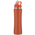 A drink bottle in vibrant orange with a silver accent and a straw cap, featuring a logo on the body.
