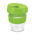 A drink bottle featuring a clear body with a bright green lid and silicone sleeve. It has a logo on the surface.