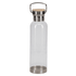 A drink bottle made of clear glass with a stainless steel base and a wooden cap. It features a metal handle.