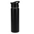 A drink bottle in matte black featuring a screw-top lid and a sleek design, with a logo on the side.