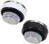 Two drink bottle lids, one white and one black, featuring metal accents and a rubber seal.