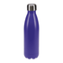 A drink bottle in vibrant purple with a stainless steel cap and a smooth, curved design. It features a logo.