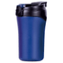 A travel mug in deep blue with a black lid and a logo on the side.