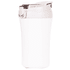 A drink bottle with a white body and a brown lid, featuring a secure flip-top design and a logo.