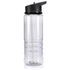 A drink bottle in clear plastic with a black lid and straw, featuring an embossed design along the body.
