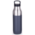 A drink bottle with a stainless steel top and a dark grey matte bottom, featuring a handle.