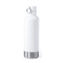 A drink bottle in white with a stainless steel bottom and a ring for attachment. It features a sleek, modern design.
