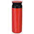 A drink bottle in red and black, featuring a sleek design and a secure cap. It has branding on the surface.