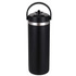 A drink bottle in matte black with a silver band and a curved handle on top.