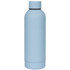 A drink bottle in a soft blue colour with a sleek design and a black lid, featuring a logo.