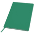 A green notebook with a smooth cover, featuring a ribbon marker and a branding logo.