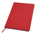 A red notebook with a smooth cover and a ribbon bookmark. It features a logo on the front.