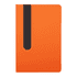 An orange notebook with a black accent and a cutout design on the front cover. It has a sleek, smooth finish.