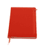 A red notebook featuring a zipper closure and a ribbon bookmark. The notebook has a textured cover with a logo.