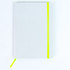 A white notebook with a dotted pattern and a bright yellow elastic band, featuring a matching yellow ribbon marker.