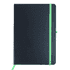 A dark blue notebook with a green elastic band and bookmark, featuring a minimalist design.
