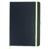 A navy notebook with a bright green elastic band and a matching bookmark. It features a logo on the cover.