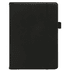 A black notebook with a textured design on the cover and an elastic band closure. Features a logo on the front.