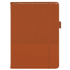 A notebook in a rich brown colour with diagonal line patterns on the cover and an elastic closure. It features a logo.