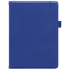 A blue notebook with a textured cover and diagonal lines, featuring an elastic band closure and a side flap.