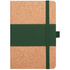 A cork notebook with a green elastic band and a green leather-like strip across the centre.