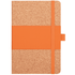 A cork notebook featuring an orange band and an elastic closure, designed for office use.