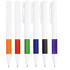 A collection of six plastic pens featuring white barrels with coloured grips in orange, red, green, blue, and black.