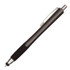 A stylus pen with a sleek black body, silver accents, and a textured grip for comfort. It features a logo.