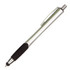 A silver stylus pen featuring a black grip and a chrome clip, with a sleek design and a logo.