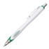 A plastic pen with a white barrel and green accents, featuring a silver clip and grip sections.