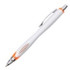 A plastic pen with a white barrel and orange accents, featuring a silver clip and a textured grip section.
