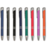 A selection of eight metal pens in various colours including blue, black, green, red, purple, and orange, featuring metallic accents.