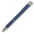 A blue metal pen with a shiny silver clip and decorative metallic bands. The pen features a smooth, contemporary design.