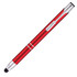 A red stylus pen with silver accents and a logo on the side.