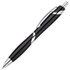 A black plastic pen with a shiny silver accent and a sleek design, featuring a clip and a logo.