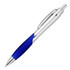 A plastic pen with a silver barrel, blue grip, and chrome accents. It features a logo.