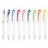 A row of ten plastic pens in white with colourful clip designs in blue, red, pink, green, and yellow. Each pen has a logo.